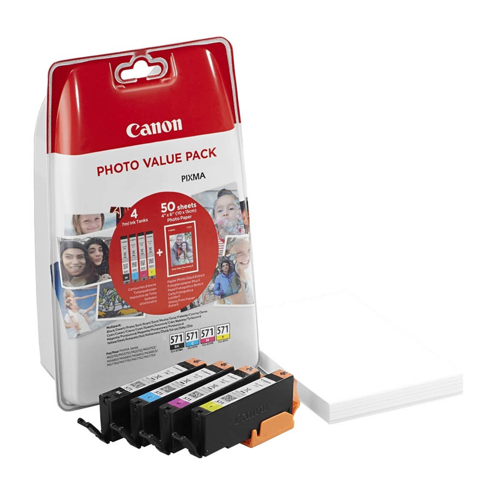 Original Canon CLI-571 Colour Ink Cartridge Multipack with 6x4"Photo Paper (0386C006)