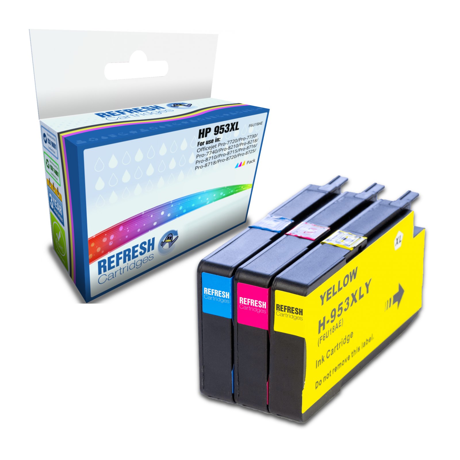 Remanufactured Colour Valuepack of 3x 953XL (F6U16AE/F6U17AE/F6U18AE) High Capacity Colour Replacement Ink Cartridges for HP Printers