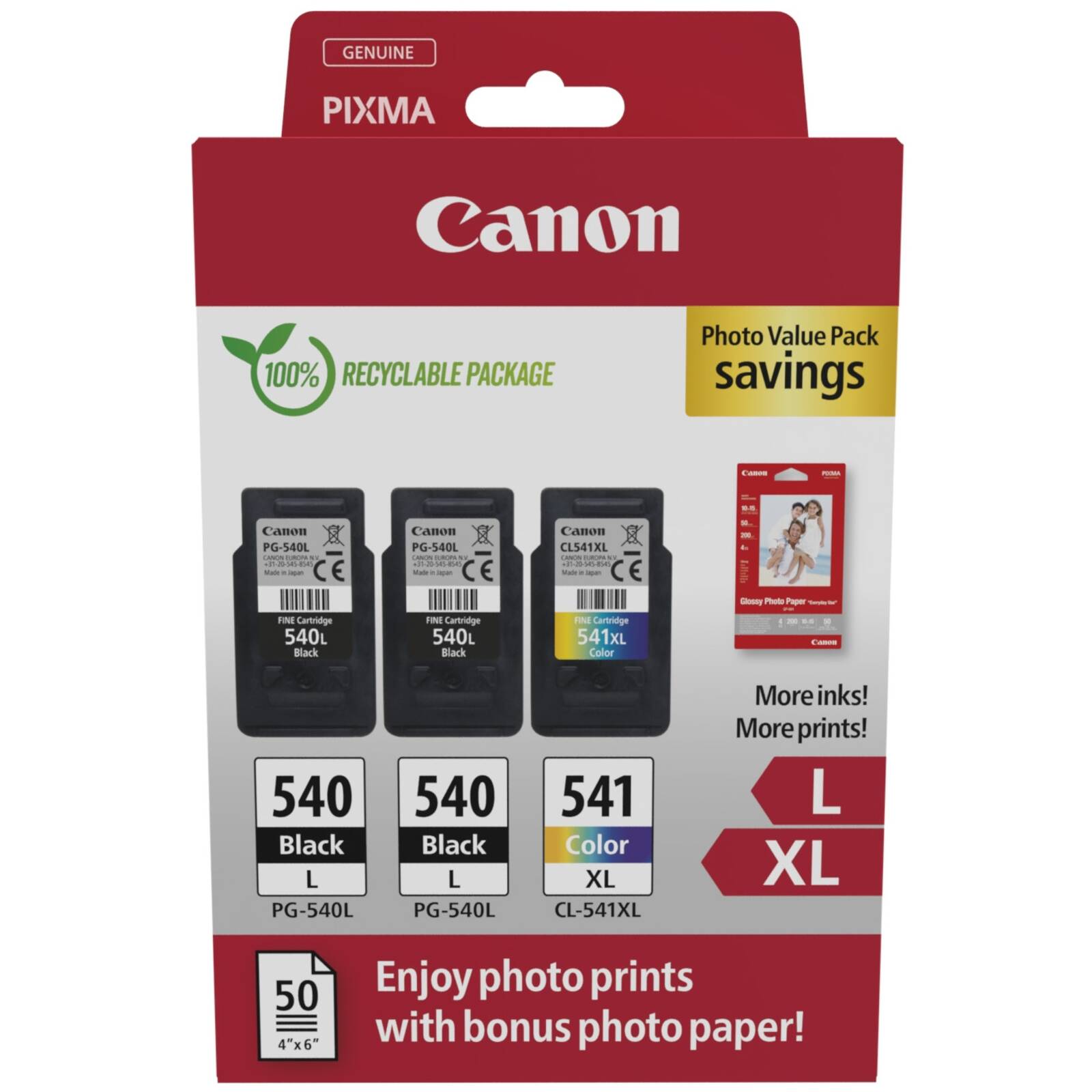 Original Canon 2X PG-540L & 1X CL-541XL High Capacity Ink Cartridge & Paper Multipack (5224B015)