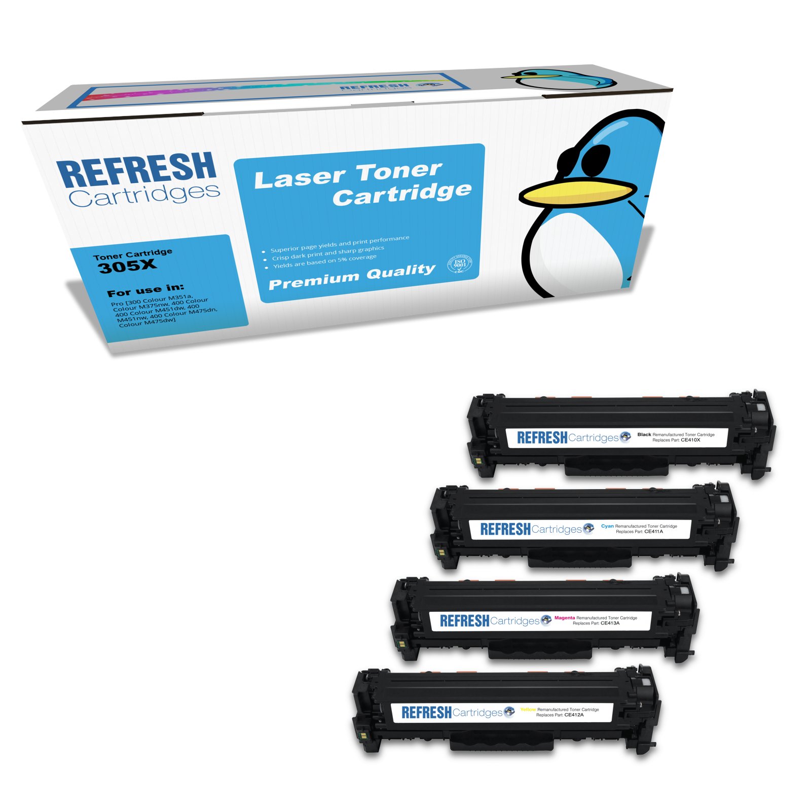 Remanufactured Everyday Valuepack of 305X & 305A (CE410X/CE411A/CE412A/CE413A) Replacement Toner Cartridges for HP Printers