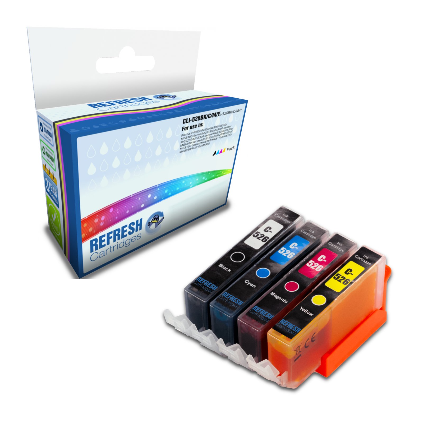 Compatible Colour Valuepack of CLI-526BK, C, M & Y Colour Replacement Ink Cartridges for Canon Printers
